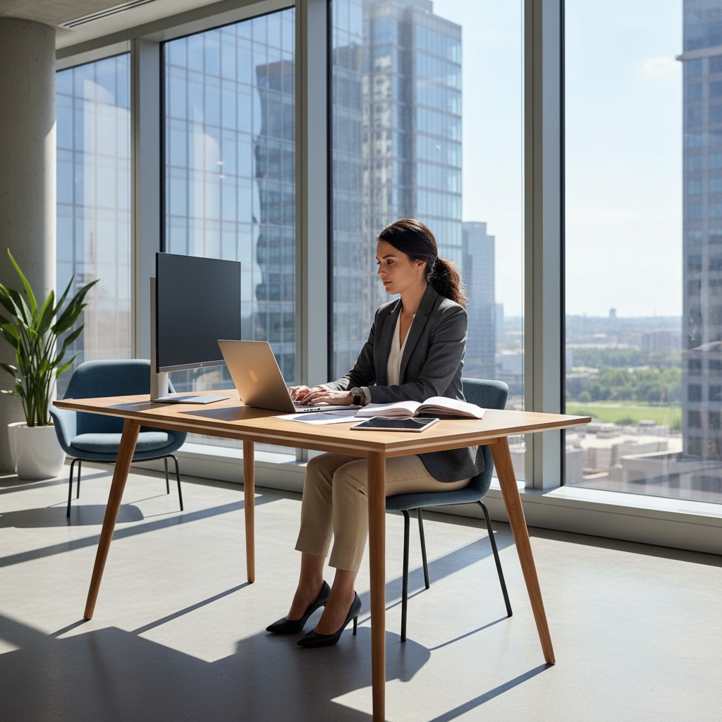 A professional woman works on a laptop at a wooden desk in a modern office with large windows overlooking a city skyline.